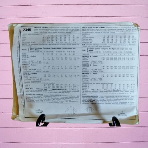 1986 MCCALL'S Easy Sew PATTERN #2345 Misses Unlined Jacket SIZE (12 -16) Uncut - Picture 3 of 4